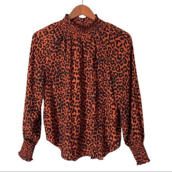 Loft Leopard Print Smock High Neck Long Sleeve Blouse - Picture 1 of 7